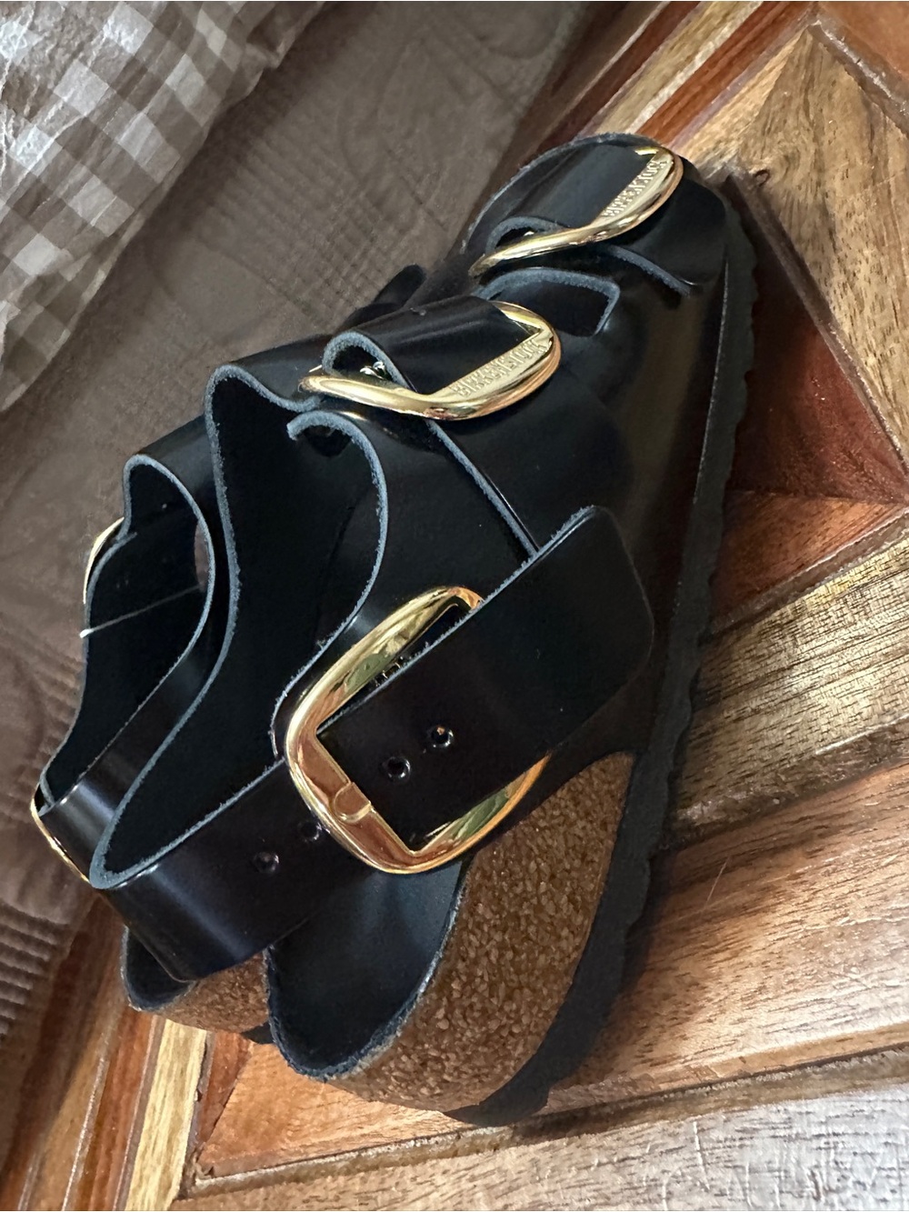 Birkenstock HIGH gloss Black Sandals with Gold Big Buckles - Picture 5 of 5
